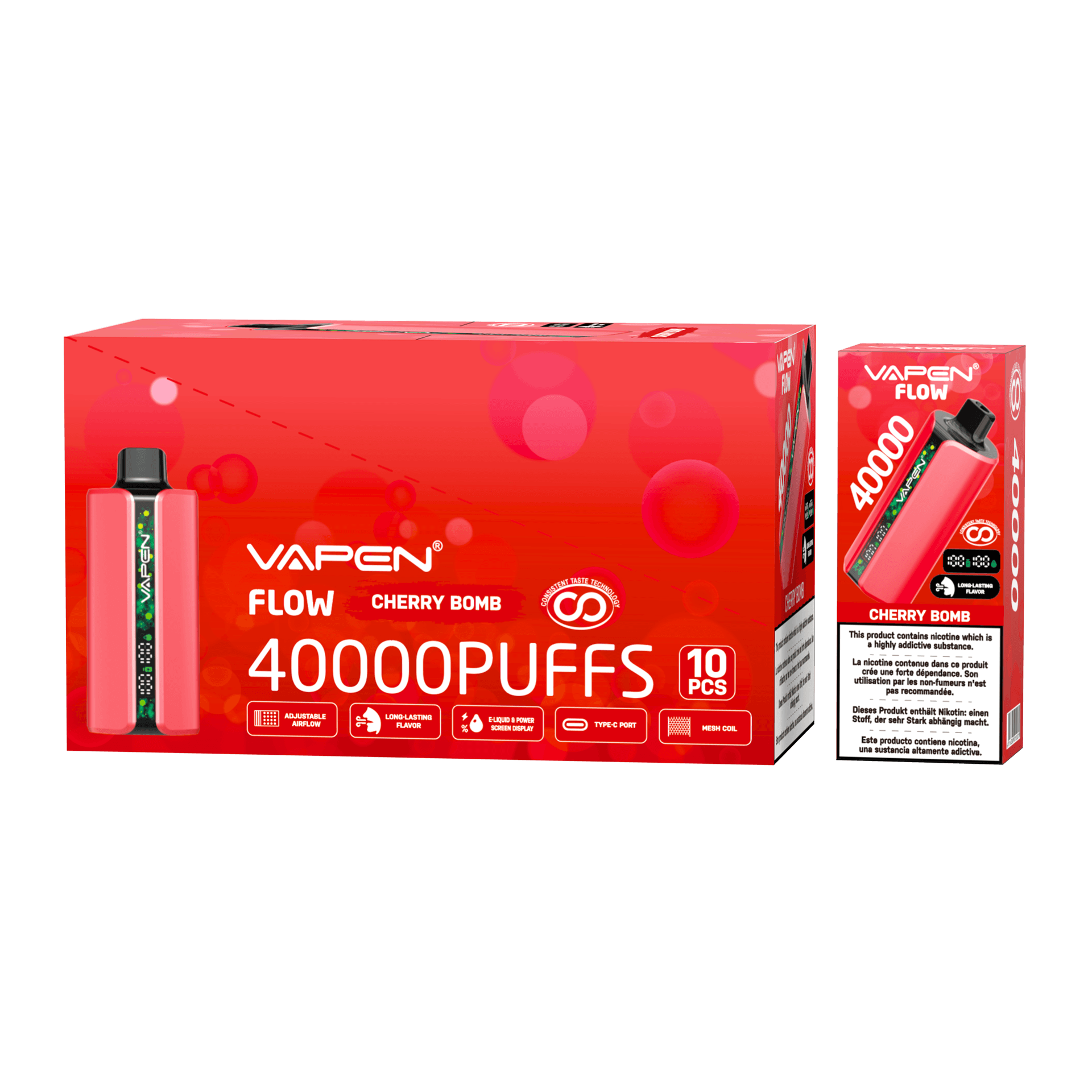 Lot de 10 cigarettes électroniques jetables Vapen Flow 40 000 bouffées (5 %), avec résistance mesh et saveurs variées (20 000, 30 000 et 50