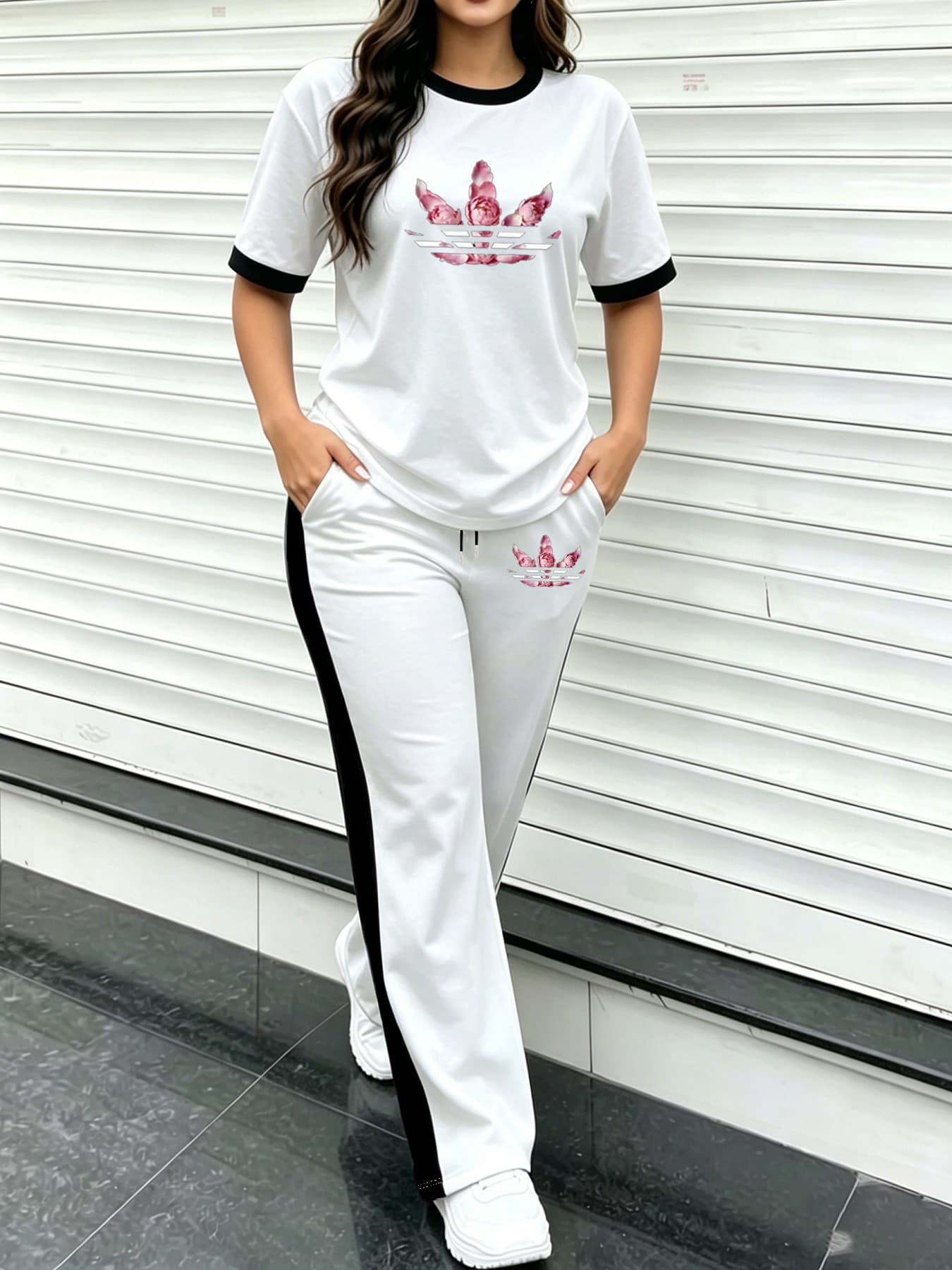 Women's Simple Sport 2-piece Set, Classic Print Colorblock Tee & Stretch Knit Side-stripe Drawstring Wide Leg Pants For Spring Summer Commute & Gym