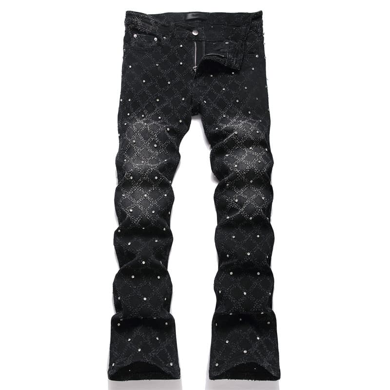 ​​Punk Rock Stretch Jeans – Black Studded & Embroidered Flare Fit (29-38, Gothic Revival, Skinny Tapered Leg, Distressed Cotton, Unisex Streetwear)​