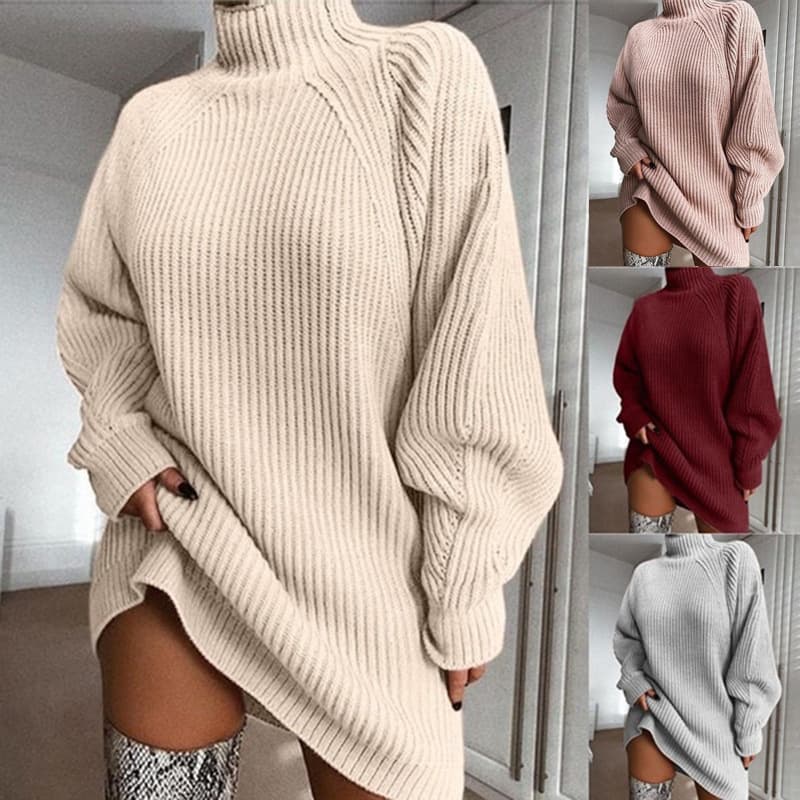 Women's Clothing Knitwear Mid-Length Dress With Shoulder Sleeves And Half Turtleneck Sweater
