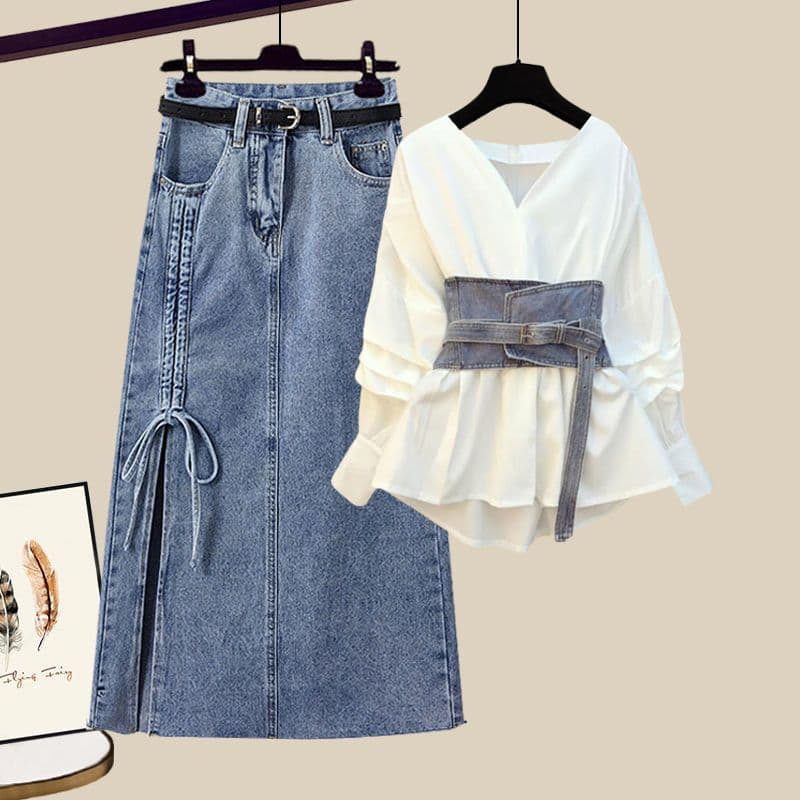 Women's Hooded Drawstring Slim Top Denim Skirt Two-piece Trendy Set