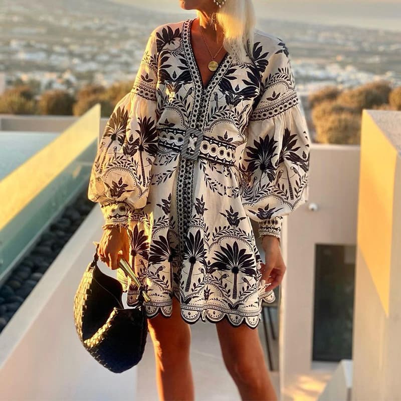 In Stock 2025 European And American Women's Autumn New Cross-Border Ladies' Fashion Printed Loose Short Beach Dress