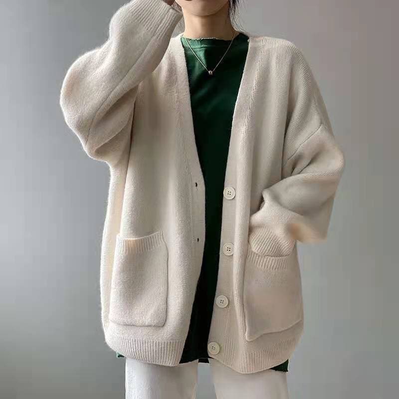 2023 Spring And Autumn New Korean Style V-neck Lazy Loose Stylish Lazy Solid Color Knitted Cardigan Sweater Women's Jacket