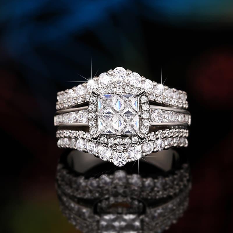 Cao Shi's New Zircon Simulation Double Layered 2-in-1 Super Sparkling Women's Square Spliced Crown Ring