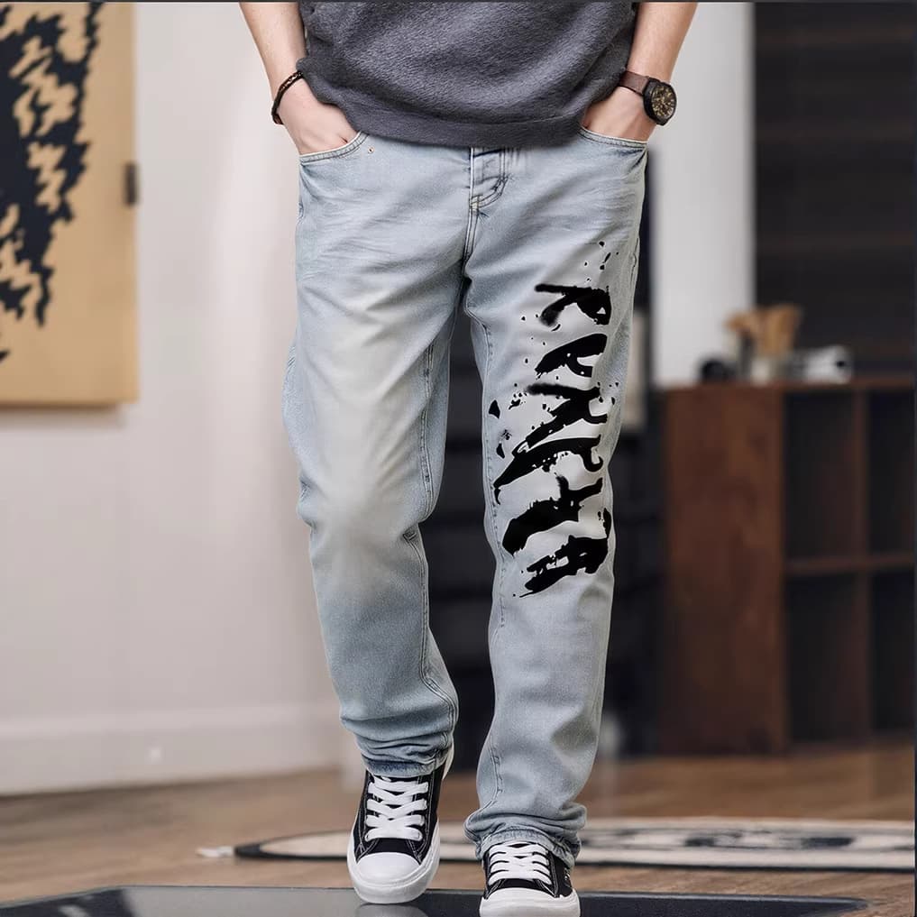 Men's Streetwear Print Denim Jeans – High-Street Stretch Trousers With Artistic Washed Effect (S-XXXL) – European Cross-Border Fashion​