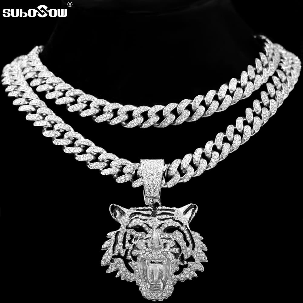 Hip Hop Iced Out Cuban Link Chains For Men Tiger Pendant Necklace Bling Crystal Cuban CZ Stainless Steel Chain Necklaces