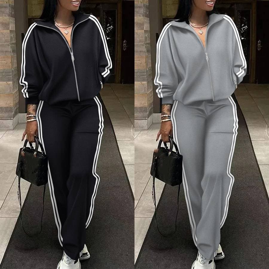 Women's Clothing Lapel Striped Zipper Drop Shoulder Sweater Pants Set Two Piece Set