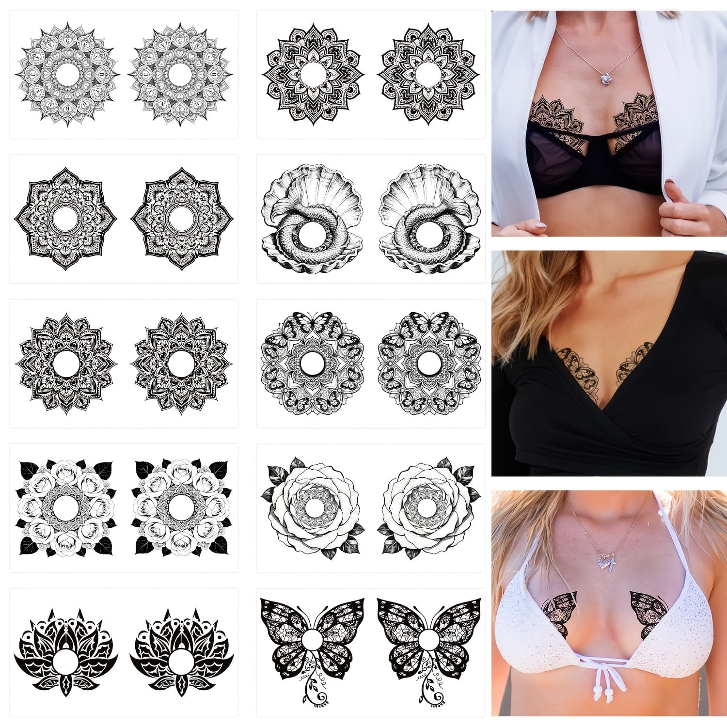 Multifunctional Body Art Tattoo Stickers 10Pcs, Mandala & Butterfly Clavicle Designs, Waterproof & Easy Removal