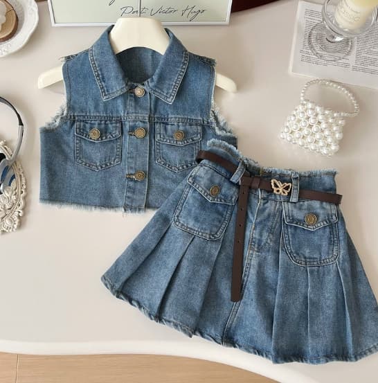 Girls' Denim Vest & Pleated Skirt Set - 2025 Summer Korean Style Toddler Outfit, Sleeveless Frayed Edge Two-Piece