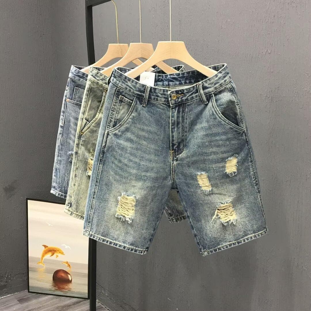 Men's Summer Low Waist Denim Shorts Retro American Style Distressed Trendy Fashion Japanese Jeans Blue Long Pants Standard Stretch