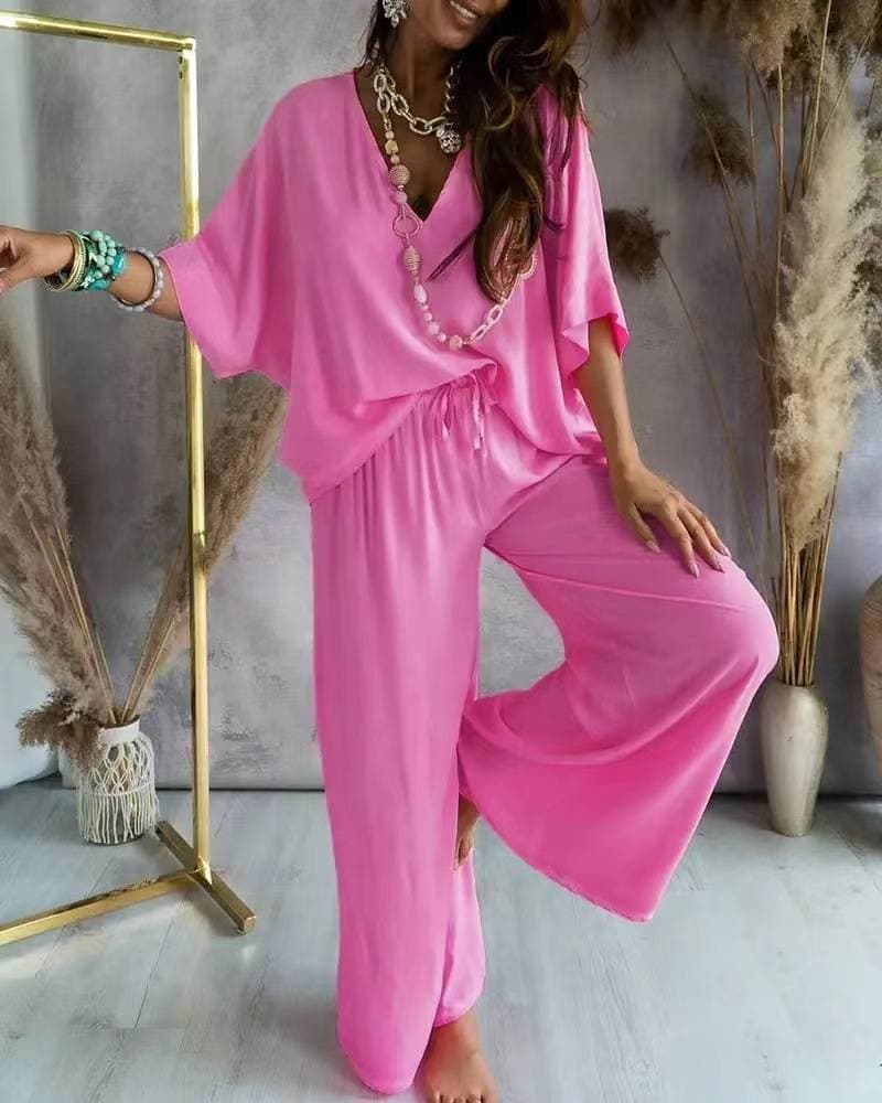 V-neck Wide-leg Pants Suit Women's Casual Wide-leg Pants Suit