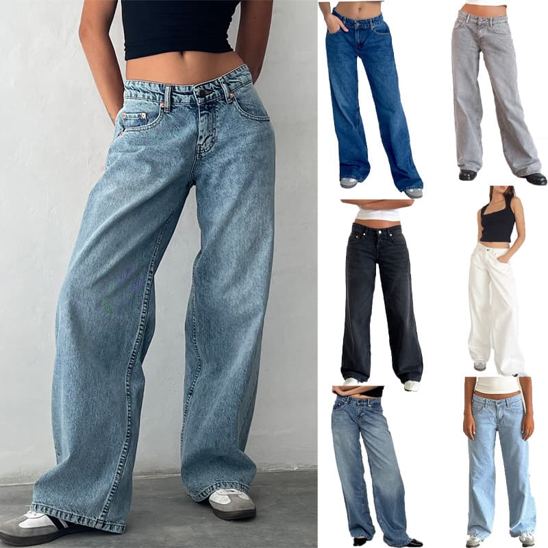 Women's Clothing Low Waist Non Elastic Washed Straight Jeans For Women Autumn New Street Wide Leg Denim Pants For Women