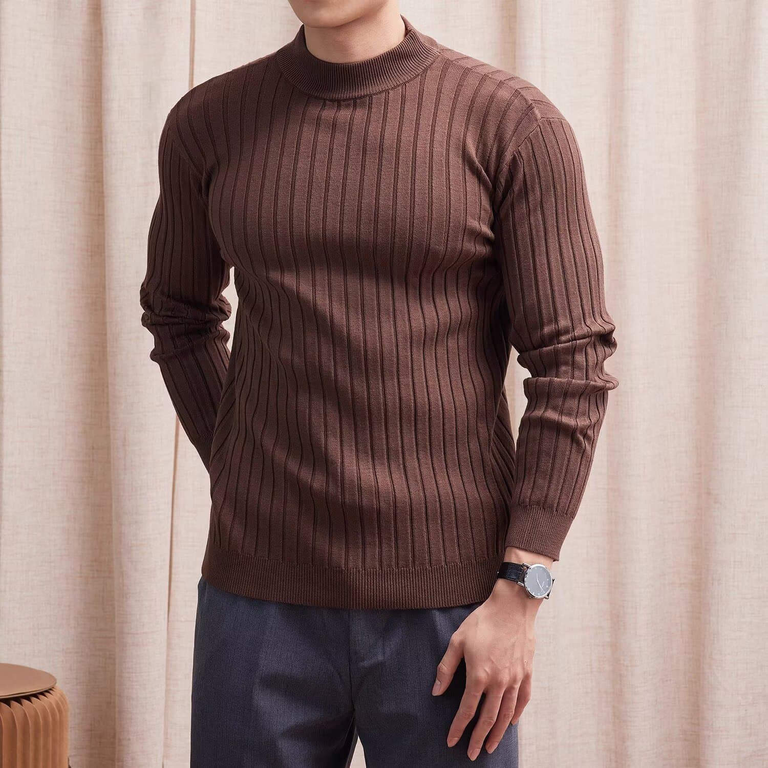 ​Men's Slim Fit Semi-Turtleneck Sweater - Autumn Long Sleeve Knit Pullover, Breathable Business Casual Solid Color Top For Urban Style