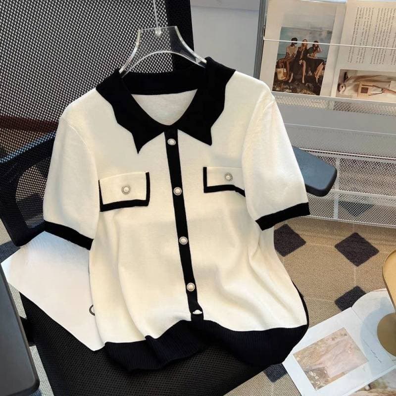 Women's Clothing Loose short sleeved Polo collar summer small fragrance style ice silk large size fragrance style T shirt top