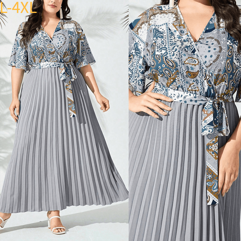 New Fashion Wrinkle Dress For Women -Elegant V-Neck Printed Maxi Dress With Belt, Plus Size Flowy Dress For Office & Casual Wear
