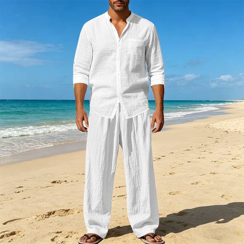 Men's Summer Short Sleeve Button-Up Shirt & Shorts Set - Lightweight Polyester Casual Outfit For Beach & Travel (White/Black/Grey)​