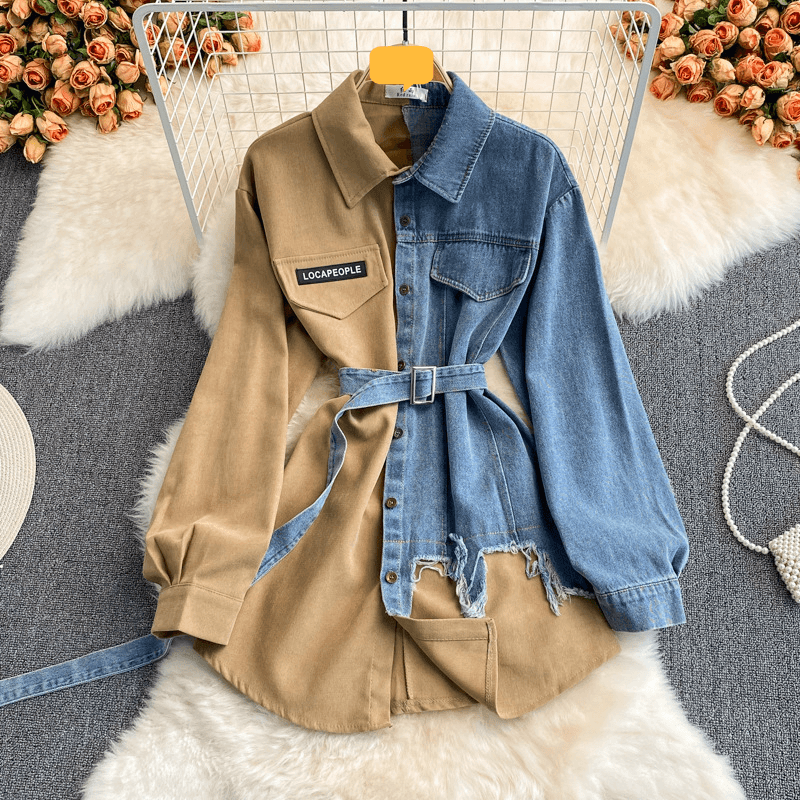 Women's Denim Patchwork Lapel Dress