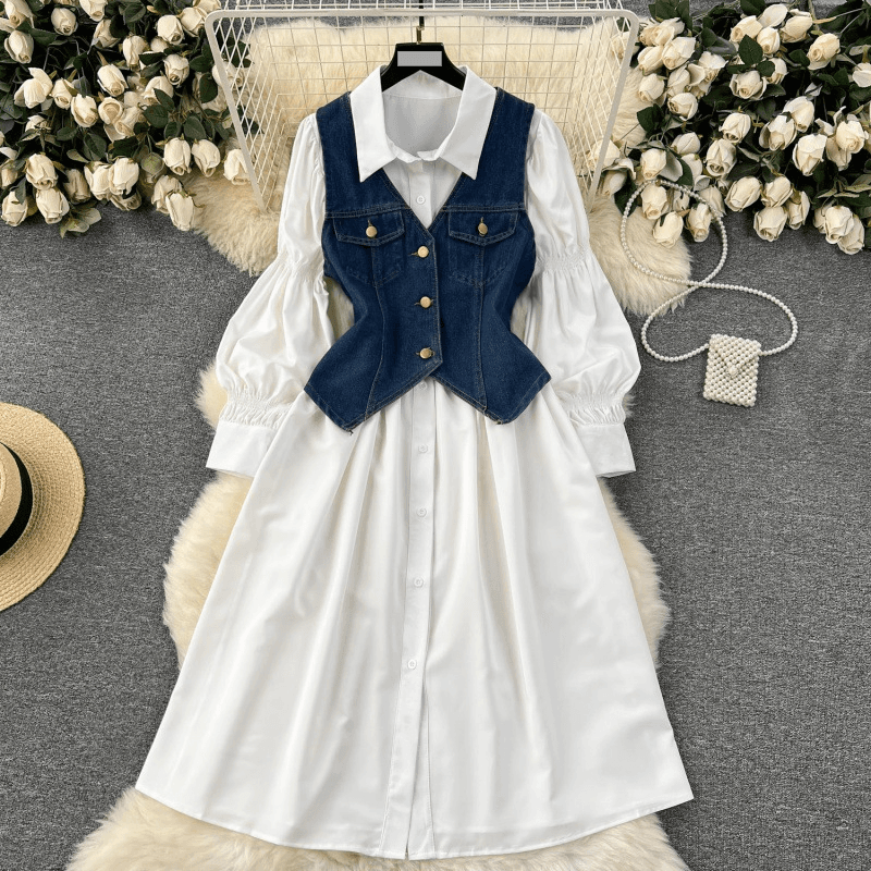 Women's Clothing layered design suit for women puff sleeve shirt dress + denim vest two piece suit