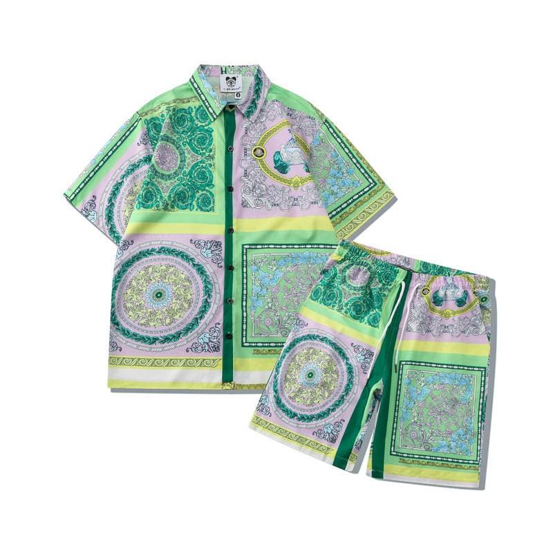 Men's Clothing High Street Floral Shirt Suit Retro Gradient Shirt Casual Cardigan Shorts Matching Men