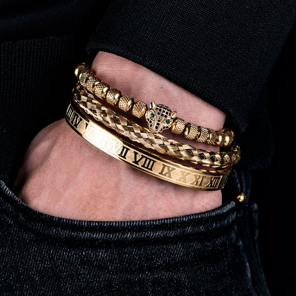 Men & Women's Stainless Steel Leopard Head Bracelet Set - Braided Chain With Pineapple Beads For Stylish Stackable Jewelry Braided Bracelet