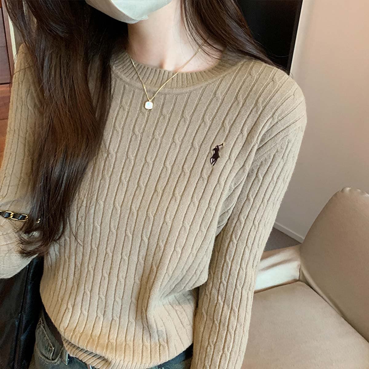 Pull brodé de golf torsadé pour femme, pull à manches longues et col rond