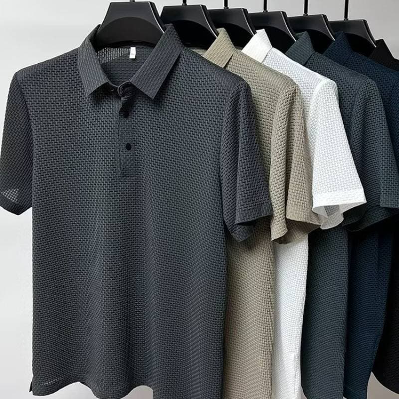 Men's Clothing Summer Ice Silk Quick Drying Polo Shirt Men's Jacquard Lapel Short Sleeved T Shirt High End Casual Men's Drape Top