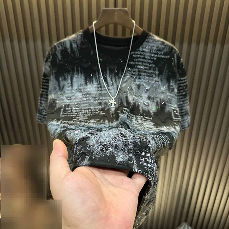 Men's Clothing Men's Short Sleeve T-Shirt Summer Fashion Starry Sky Rhinestone Round Neck Casual Undershirt