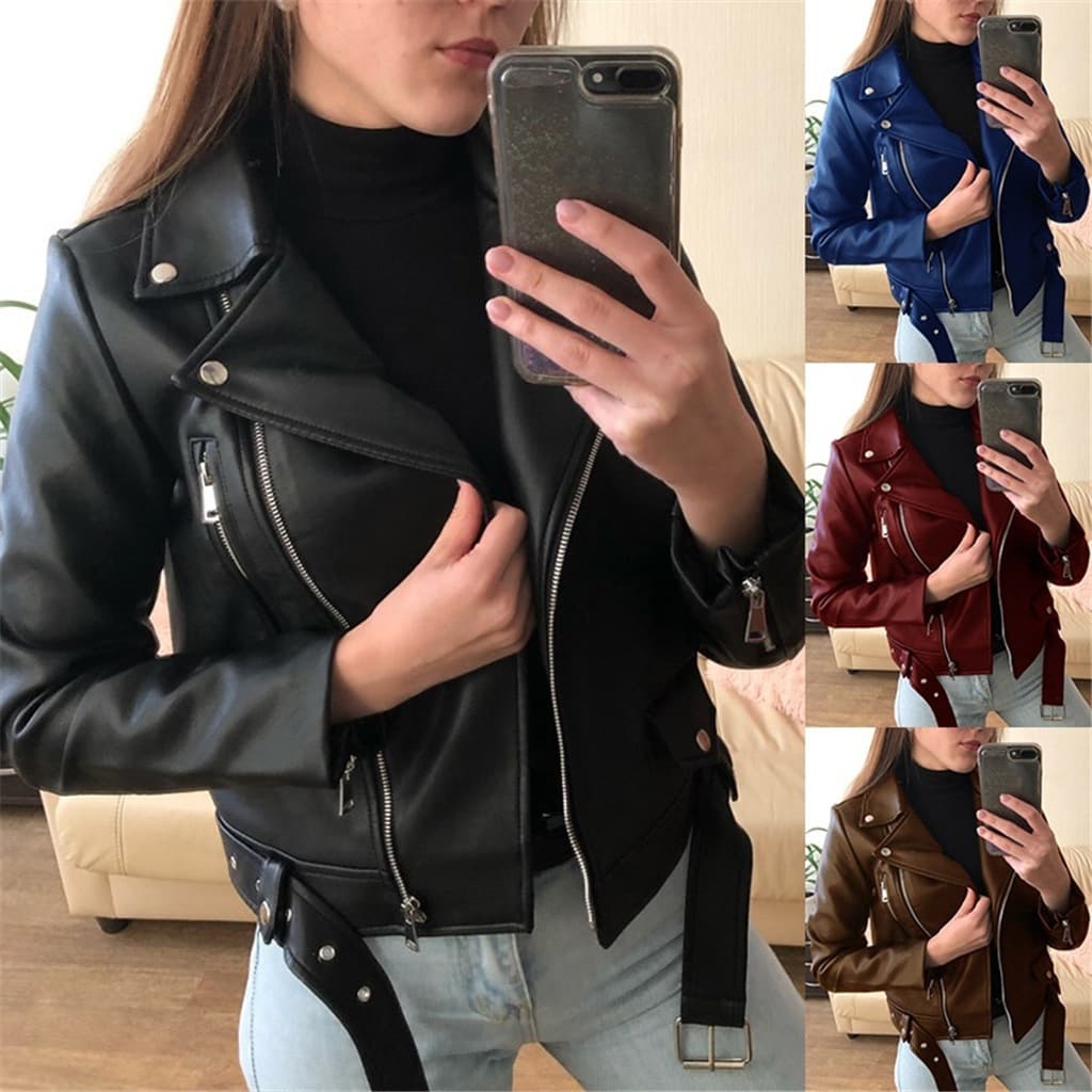 Women's PU Motorcycle Wear Slim Slim Winter Leather Jacket