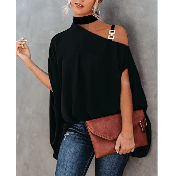 Women's casual solid color short-sleeved black one-line collar long chiffon temperament commuting v-neck pullover shirt