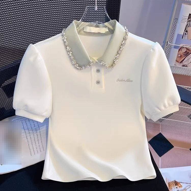 Women's Clothing Slim Fit Polo Collar T-Shirt Rhinestone Embellished Short Sleeve Summer Top Unique Design Heavy Duty New Style