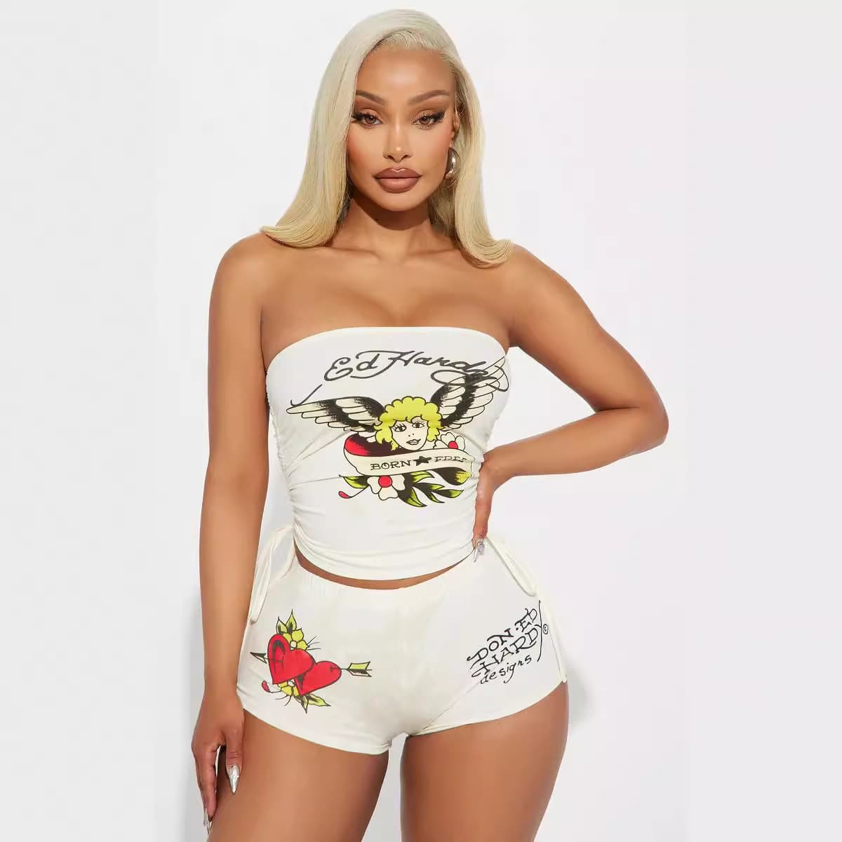 Women's clothing positioning printing chest wrap shorts suit