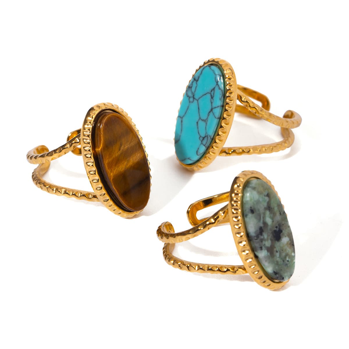 Women's Jewelry Oval Blue Turquoise Tiger Eye Stone African Pine Adjustable Opening Ring Female Niche High End Light Luxury