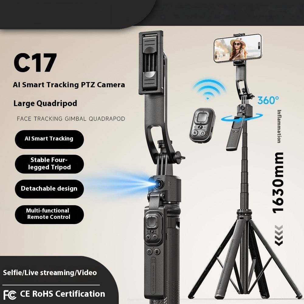 AI Tracking Selfie Stick Tripod With Bluetooth Remote, 1.6M Extendable Smart Phone Holder For Vlogging, Auto Face-Follow & 360° Rotation (Black)