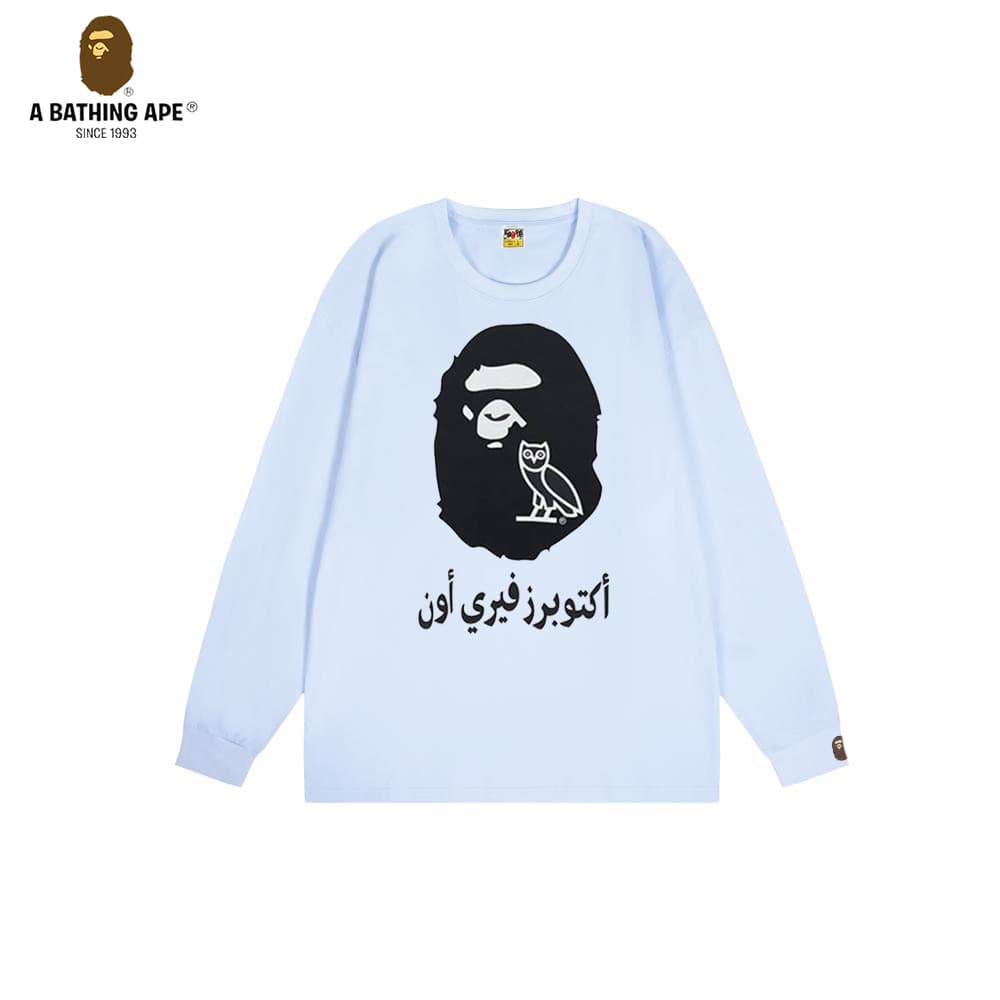 A Bathing APE BAPE-BAPE Japanese Trendy Owl Pattern Rune Logo Print Pure Cotton Round Neck Long Sleeved Top