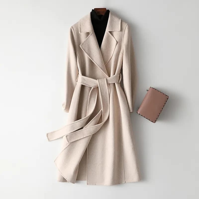 Women's Slim Fit Wool Blend Coat – Mid-Length Winter Trench Coat With Lace-Up Detail (Black/White/Red/Green)