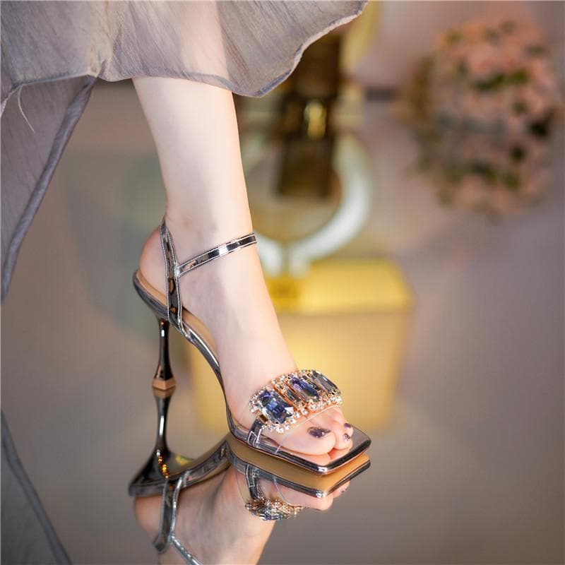 One Line Rhinestone Gold Square Toe Sandals For Women With Exposed Toes, Sparkling High Heels, 2025 Summer New Fairy