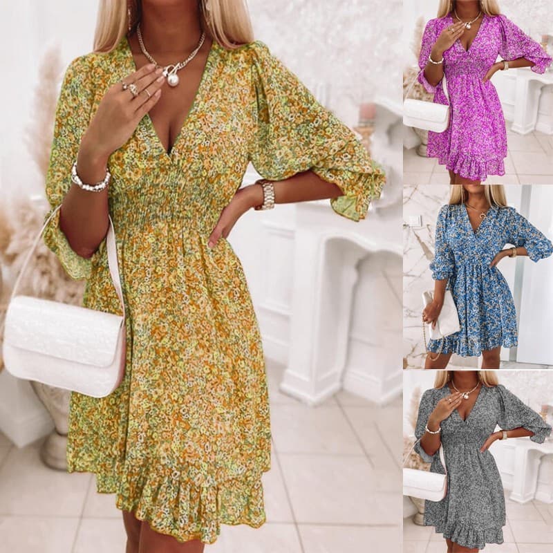 Women's printed dress loose fashion V-neck chiffon pleated skirt