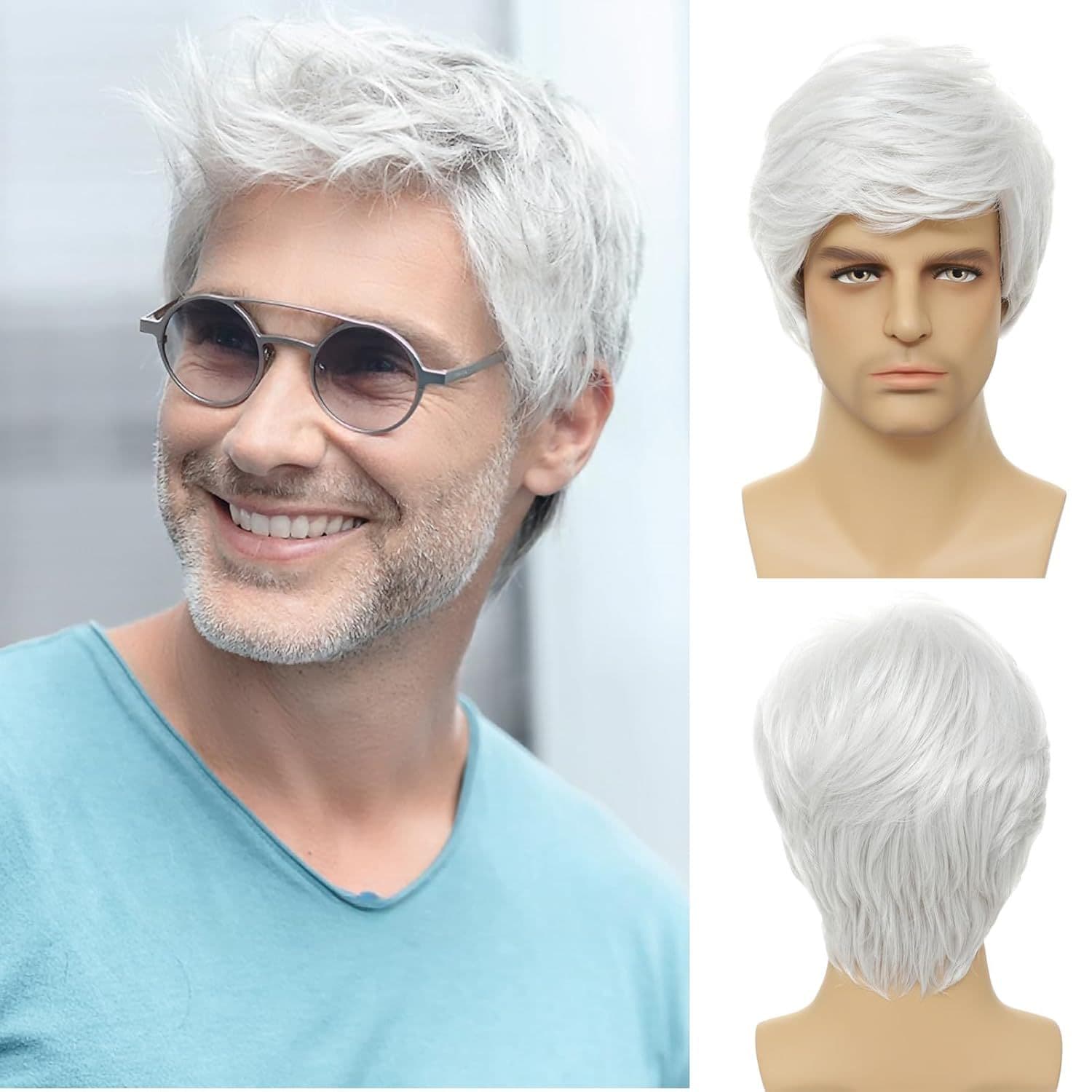 Men's Short Straight Synthetic Wig - White Side Parted Hairpiece (Fashionable Full Cap Heat Resistant Natural Look)​