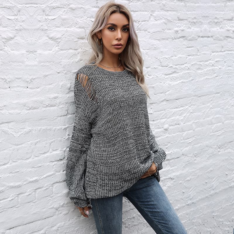 Women's clothing independent station autumn ins style ripped solid color round neck forest sweater for women