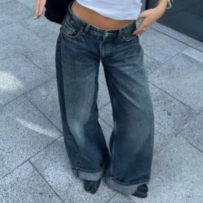 ​​Women's Retro Mid-Rise Wide-Leg Jeans - Vintage Straight Denim Pants With Cuffed Hem, Black/Light Blue/White/Raw Denim (Xs/S/M/L)​​