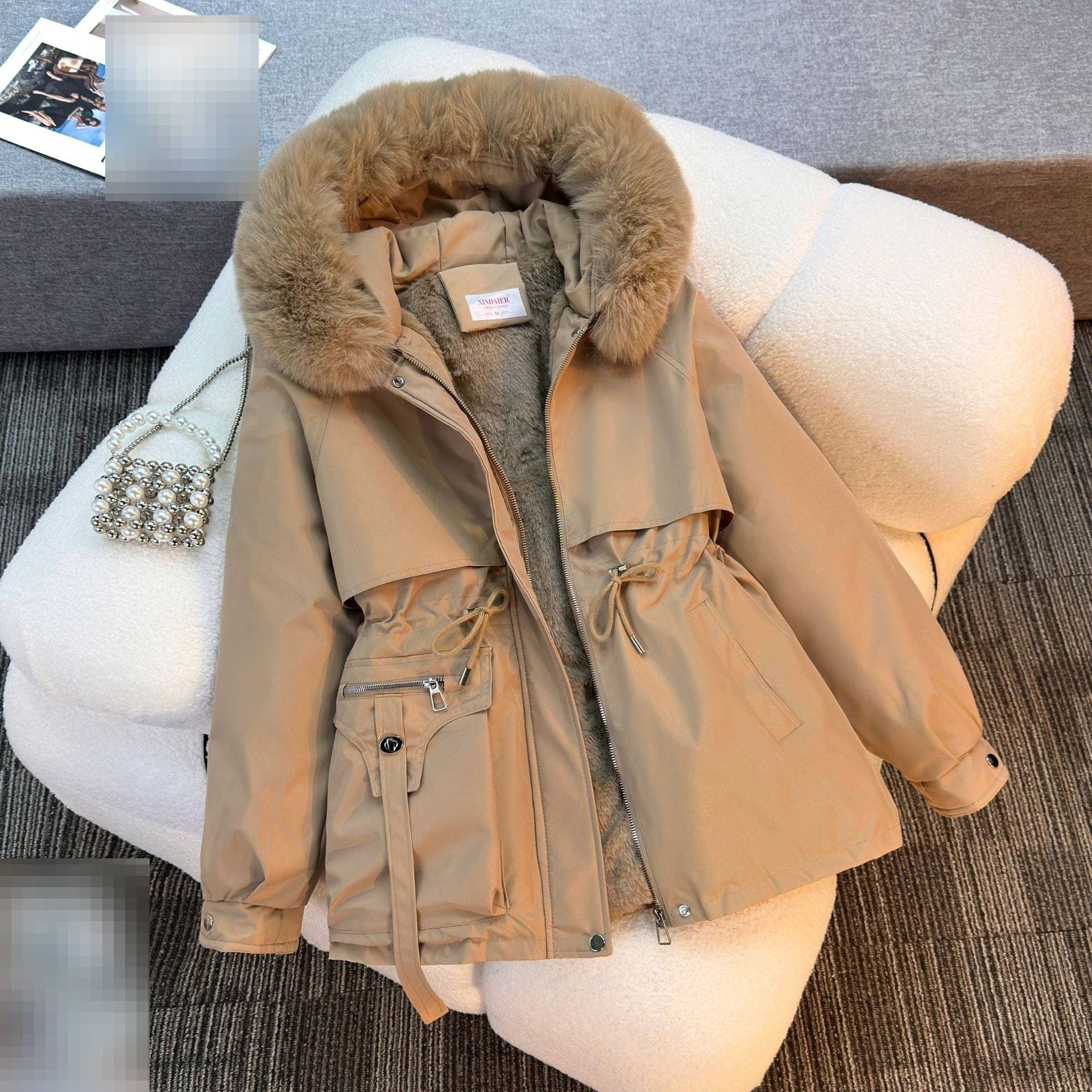 ​​Women's Short Puffer Jacket With Faux Fur Hood, Winter Warm Belted Quilted Coat, Thickened Fleece-Lined Parka (Beige/Black/Brown/Khaki)​​