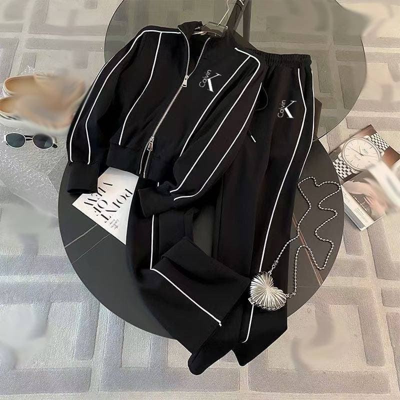 Women's Clothing Spring Color-blocked Striped Casual Sportswear Two-piece Set With Trendy Print Design.