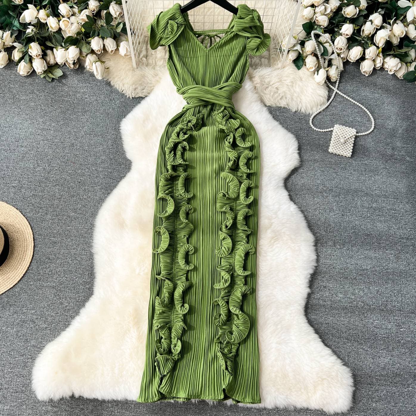 Women's Clothing Banquet dress light luxury niche pleated three dimensional ruffles slim long temperament dress