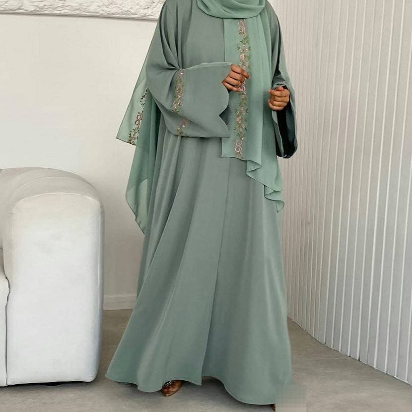Embroidered Floral Abaya Cardigan – Modest Workwear With Detachable Scarf (3 Colors) – S/M/L/XL