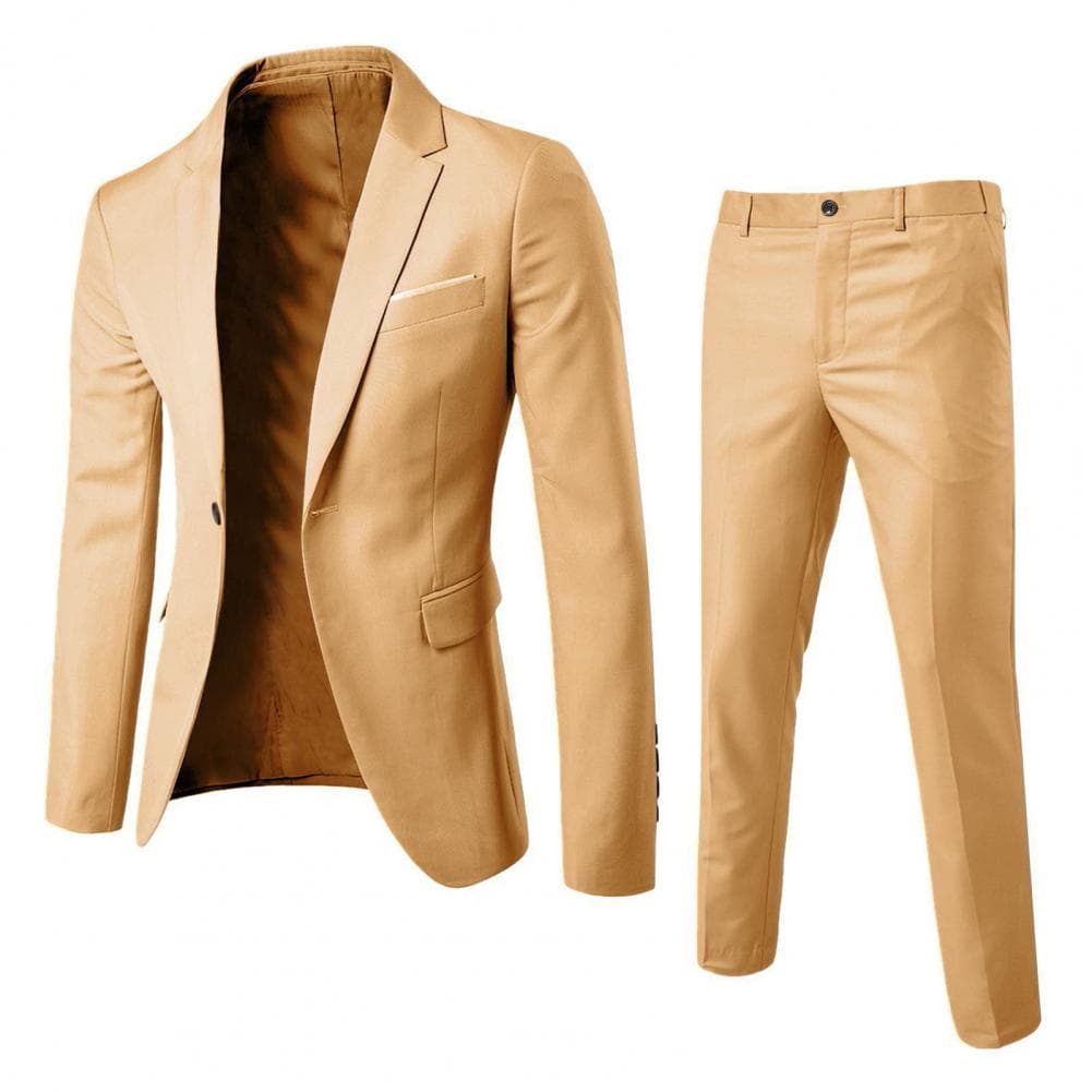 2Pcs/Set Men Slim Fit Suit Set Lapel Long Sleeve Single Button Suit Coat Mid-rise Long Pants Set Solid Color Business Outfit