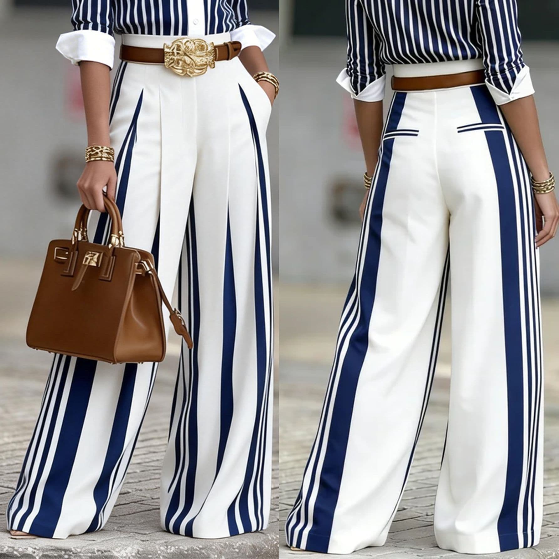 Blue & White Striped High-Waisted Wide-Leg Pants for Women Stretchy Comfortable Flowy Office Trousers S to XXL