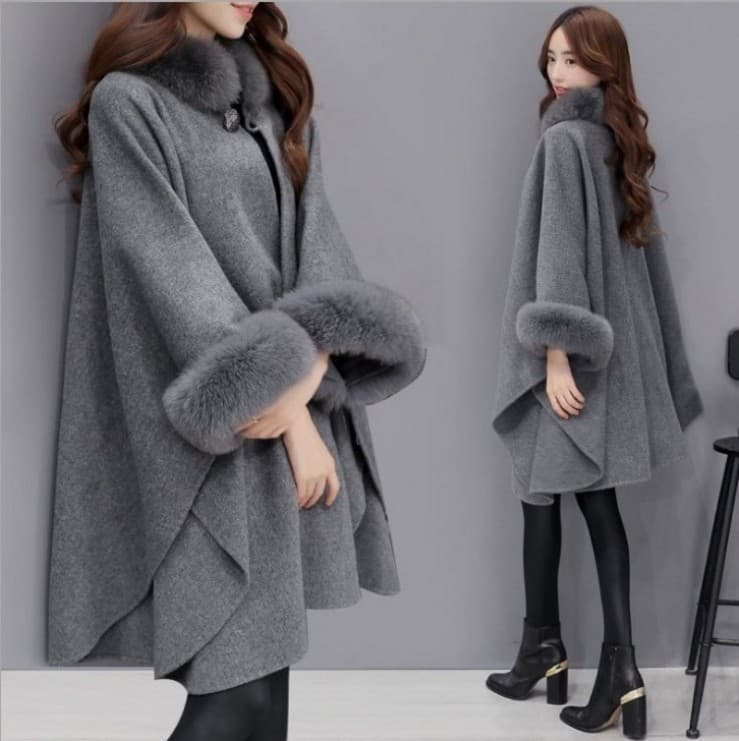 Women's clothing big rabbit fur collar mid-length woolen coat temperament cloak shawl Hepburn style woolen large size coat for women