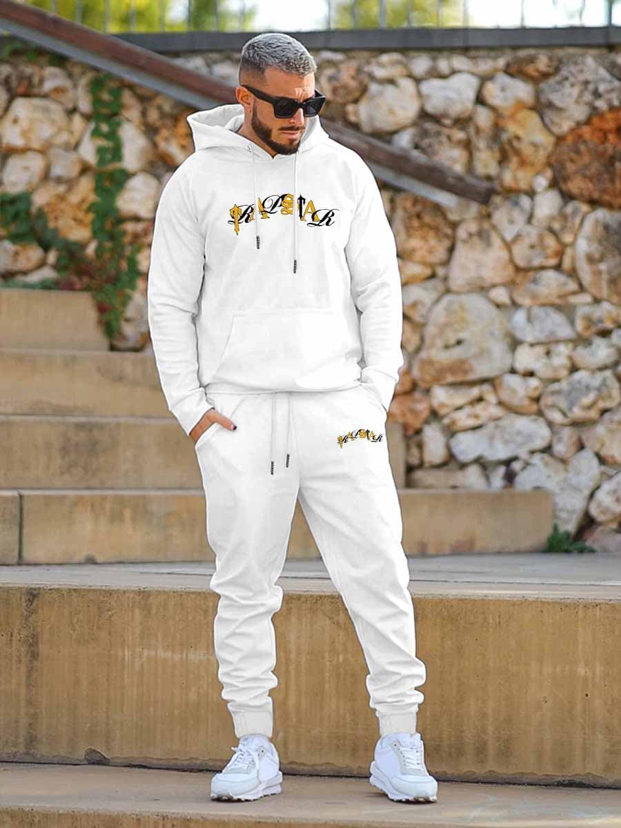 Fashion Brand Printing Leisure Sports Mens Suit Autumn and Winter Fleece lined Mens Pullover Hoodie Clothing Two pieces Set