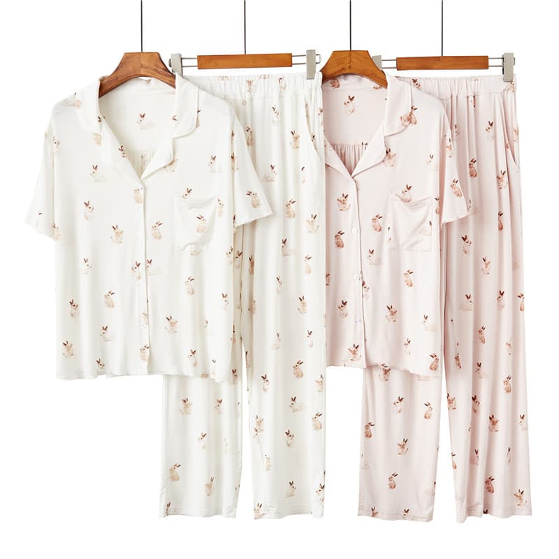 Women's clothing modal ladies pajamas women's short-sleeved trousers printed bunny soft loose lapel home clothes