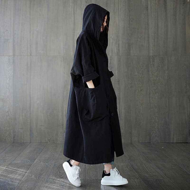 Women's fashion loose large size hooded commuter leisure over the knee long large pocket trench coat